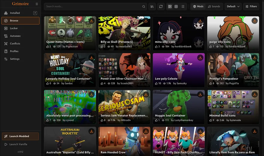 Grimoire browse tab: the GameBanana mod browser with search and mod cards