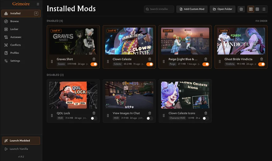 Grimoire installed tab: local mod library with per-mod on and off toggles