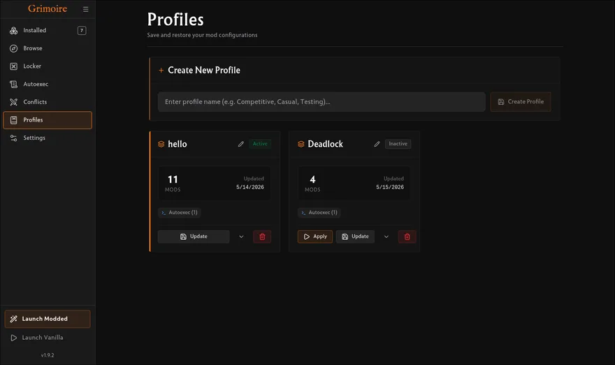 Grimoire profiles tab: saved mod loadouts ready to swap