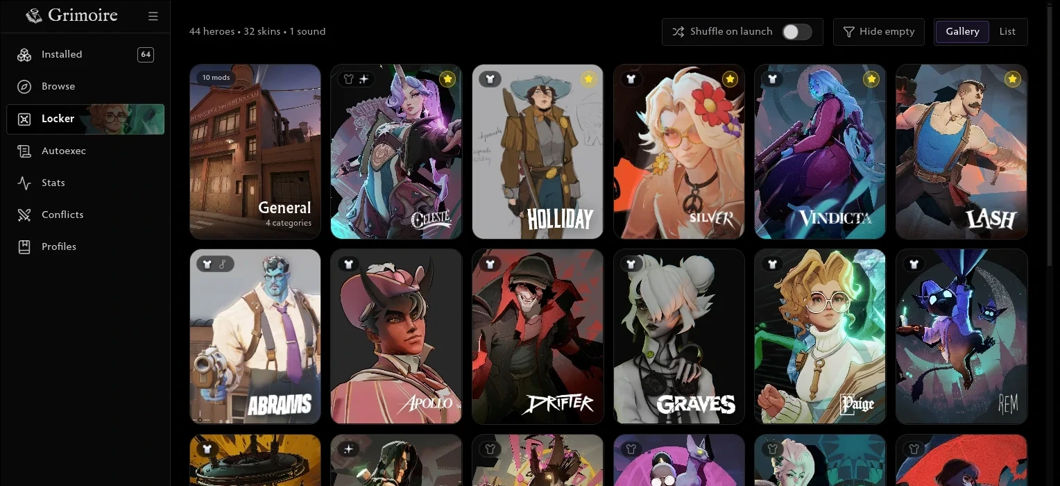 The Hero Locker: Deadlock heroes in a grid, each card showing the skin it's wearing