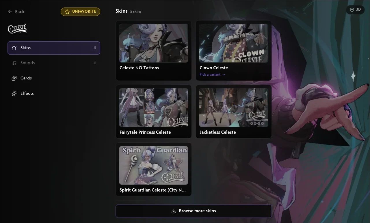 Celeste's locker page listing five installed skins